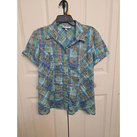 Hollywood Women’s Sheer Button Up Blouse Blue Green Floral Plaid Short Sleeve – - Picture 2 of 12